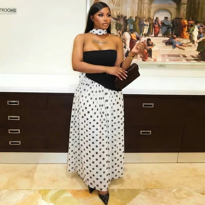 FDYOUI Elegant Bandage Polka Dot Patchwork Evening Dresses Women's 2026 Summer Off Shoulder High Slit Pleated Long Party Dress