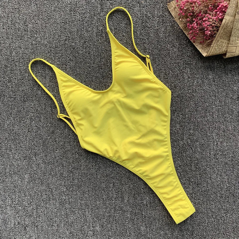 DEKA Solid Deep V One Piece Swimsuit Brazilian Mini Bikini Women High Cut Thong Backless Swimwear Female Bathing Suit Monokini