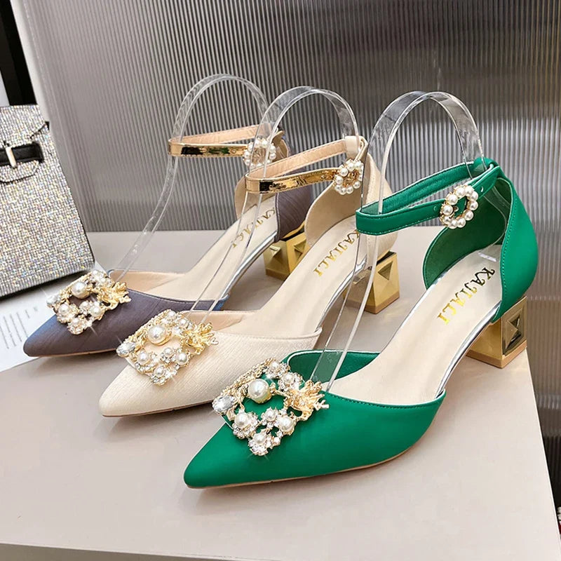ZOKI Fashion Pearl Buckle Square Heels Pumps Women Pointed Toe Bling Crystal Party Shoes Woman Elegant Med Heels Bride Shoes