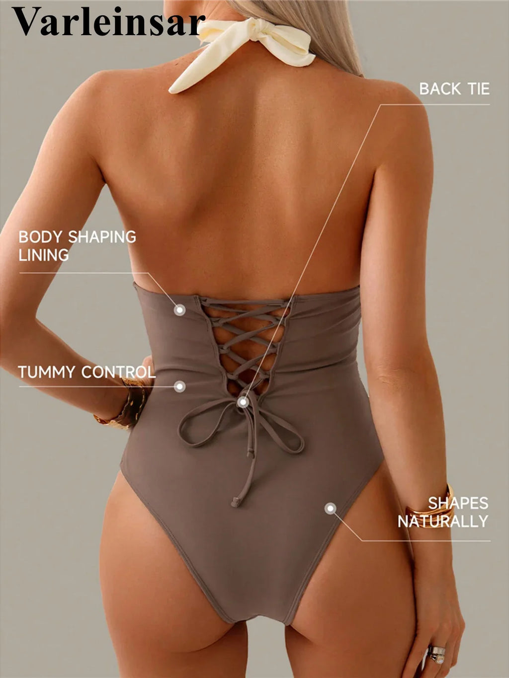 S - XL Splicing V Neck Backless Halter Women Swimwear One Piece Swimsuit Female Monokini Padded Bather Bathing Suit Swim V7559
