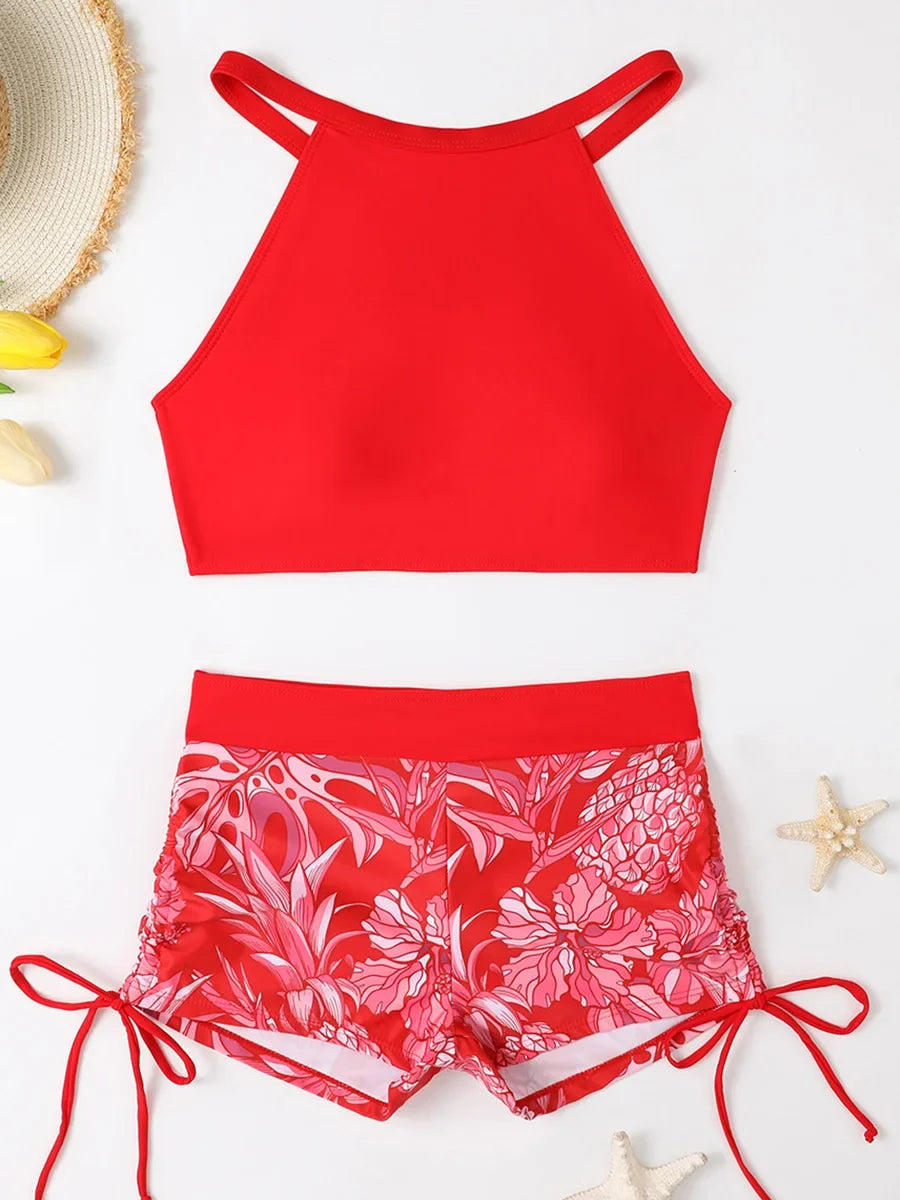 2026 Print High Waist Swimsuit Women High Neck Bikini Drawstring Swimwear Female Bathers Bathing Swimming Swim Suit Beachwear