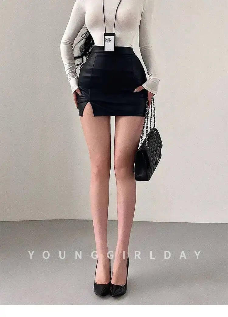 Mature Pure Desire Sexy High Waist Hip Slit Anti-Exposure Bodycon PU Leather Mini Skirt Fashion Sexy Women Mini Skirts 99JO