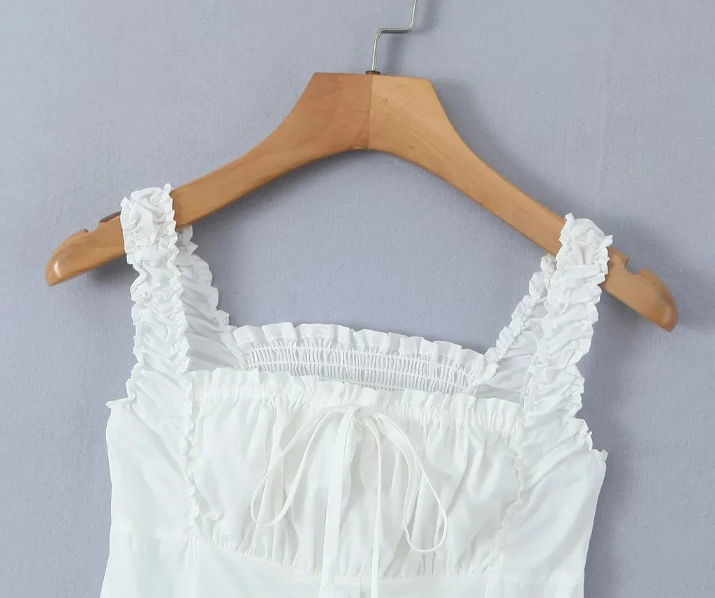 Foridol Bowknot Smocked White Short Dress Women Summer Cotton Mini Sleeveless Tank Sundress Beach Chic Buttons Dress for Petite