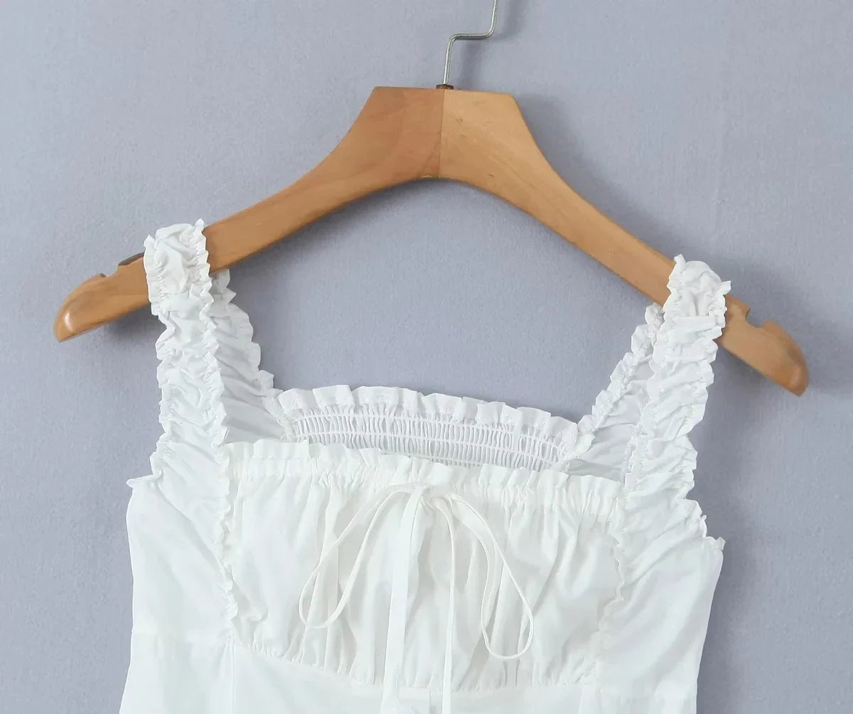 Foridol Bowknot Smocked White Short Dress Women Summer Cotton Mini Sleeveless Tank Sundress Beach Chic Buttons Dress for Petite