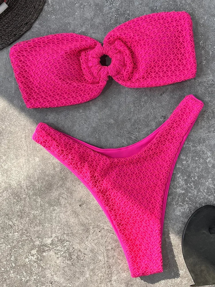 Wrinkled Fishnet Strapless Bandeau Bikini Women Swimsuit Female Swimwear Two-pieces Bikini set High Cut Bather Bathing Suit Swim