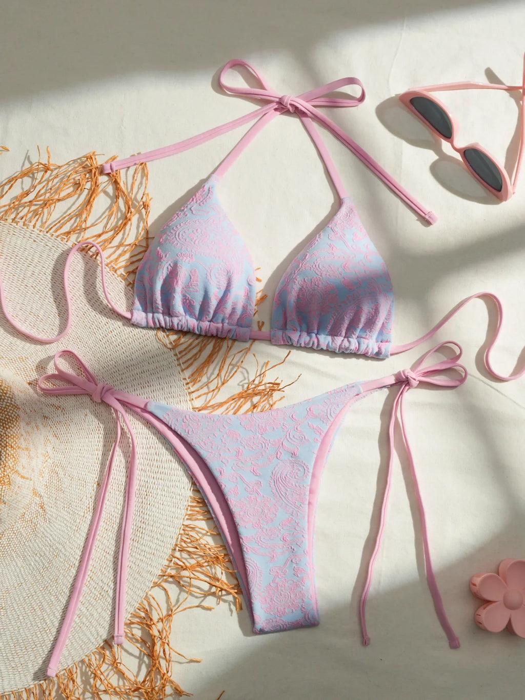 Sexy Pink Mesh Patchwork Bikinis Sets Women Push Up Bra Bandage Thong Swimsuit 2026 Summer Bathing Suit Holiday Micro Swimwear