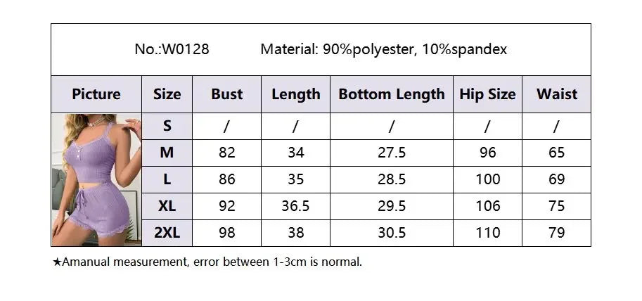 Women Sexy Pajama Set Ribbed Lace Trim Camisole Top & Shorts Summer Sleepwear Two Piece Lounge Nightwear