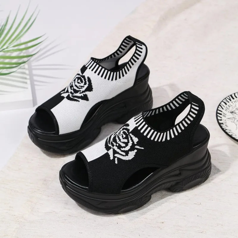2026 Summer New Knitted Shoes Fairy Fish-mouth Wind Cake Sole High Heel Flying Weave Slope Heel Thick Sole Sports Women's Sandal