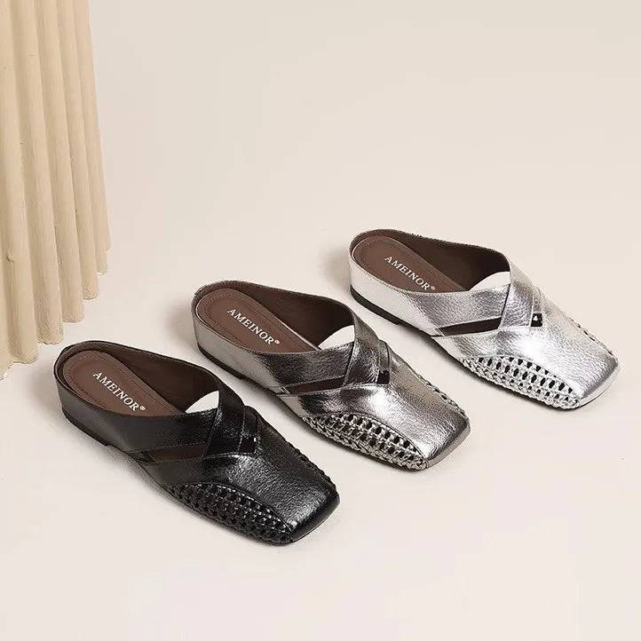 2026Women's Half Slippers Vintage Hollow Woven Square Toe Slides Fashion Versatile Mules Shoes Ladies Daily Sandals Mujer Slides
