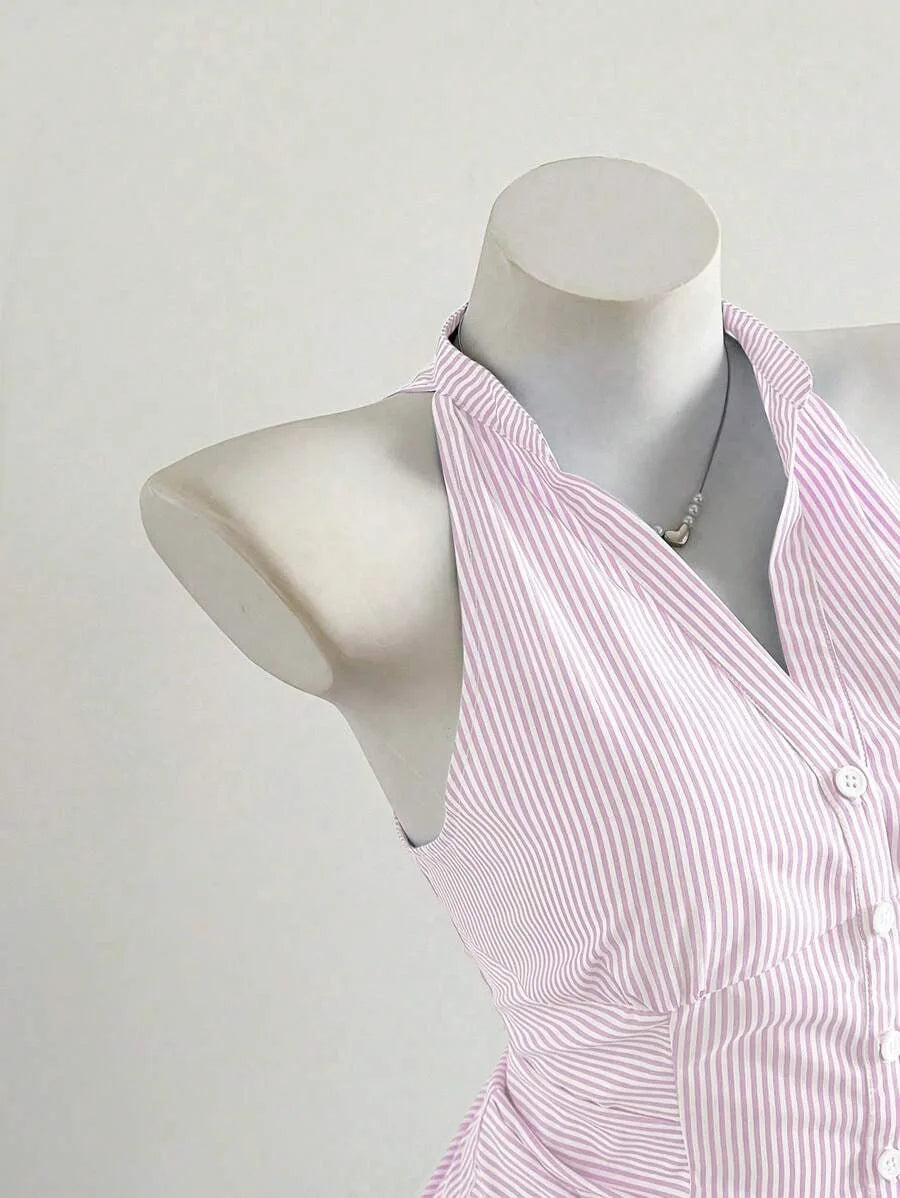 Summer Casual Shirt Women's Blue Striped Halter Top V Neck Button Down Sleeveless Slim Fit Blouse 2026 Y2K Style Streetwear