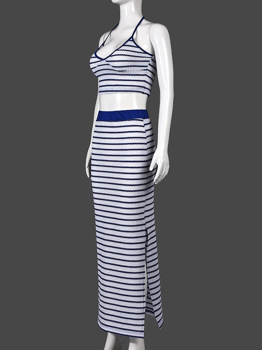 Summer slim temperament hot girl striped halterneck backless skirt suit vest casual suit