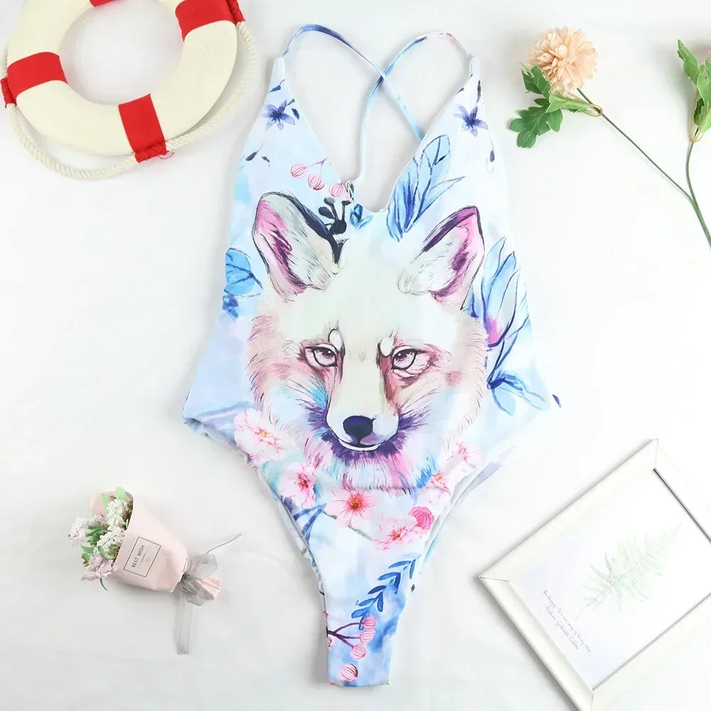 Sexy One Piece Swimsuit Swimwear Women Flower Fox Print Cross Back Straps Backless V-neck Beachwear Bathing Suit Banadores Mujer