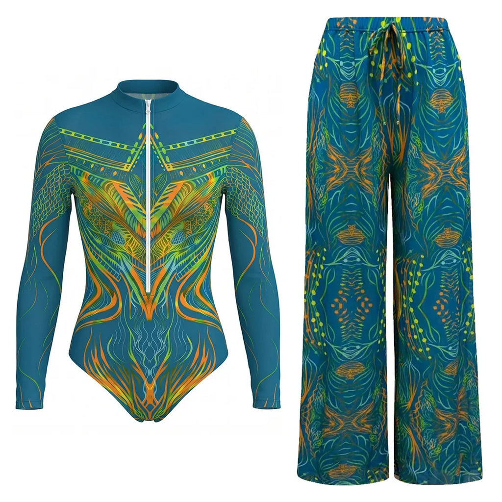 S - XXL New Printed Long Sleeve With Pants Zipper Women Swimwear One Piece Swimsuit Female Padded Bather Bathing Suit Swim V8356