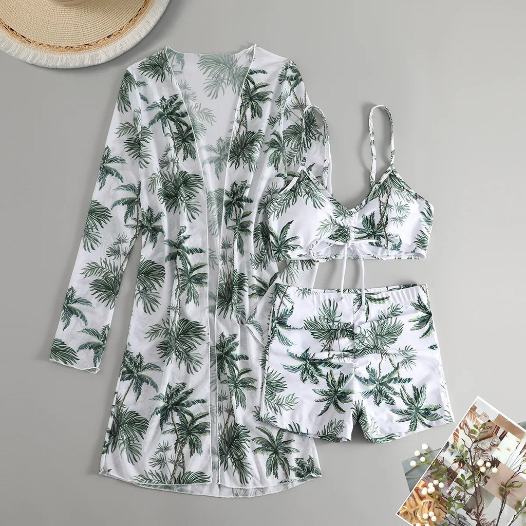 New Sexy 3 Pieces Suit for Women Neck Hanging Bikini Set+Cover-up Swimwear Sunproof Tankini High Waist Shorts Swimsuit Beachwear