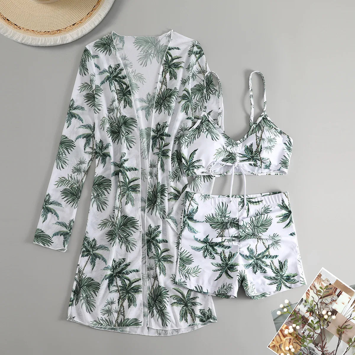 New Sexy 3 Pieces Suit for Women Neck Hanging Bikini Set+Cover-up Swimwear Sunproof Tankini High Waist Shorts Swimsuit Beachwear
