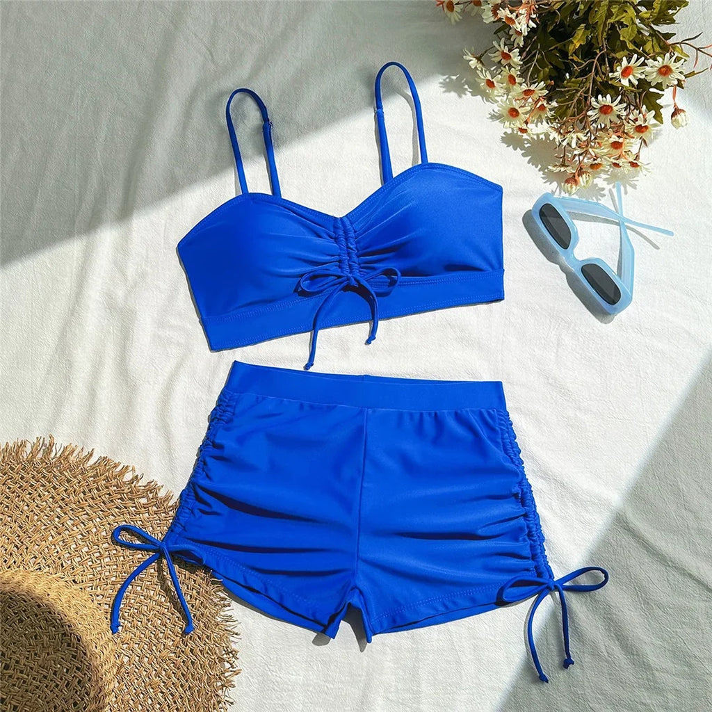 Wrinkled Knotted Shorts High Waist Bikini Female Swimsuit Women Swimwear Two-Pieces Bikini Set Bather Bathing Suit Swim V6197