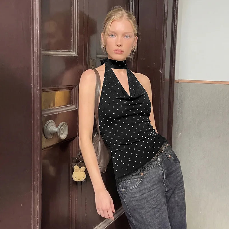 FDYOUI Women's Chic Polka Dot Tanks Top 2026 Summer Off Shoulder Lace Patchwork Corset Bandage Backless Crop Tops Streetwear