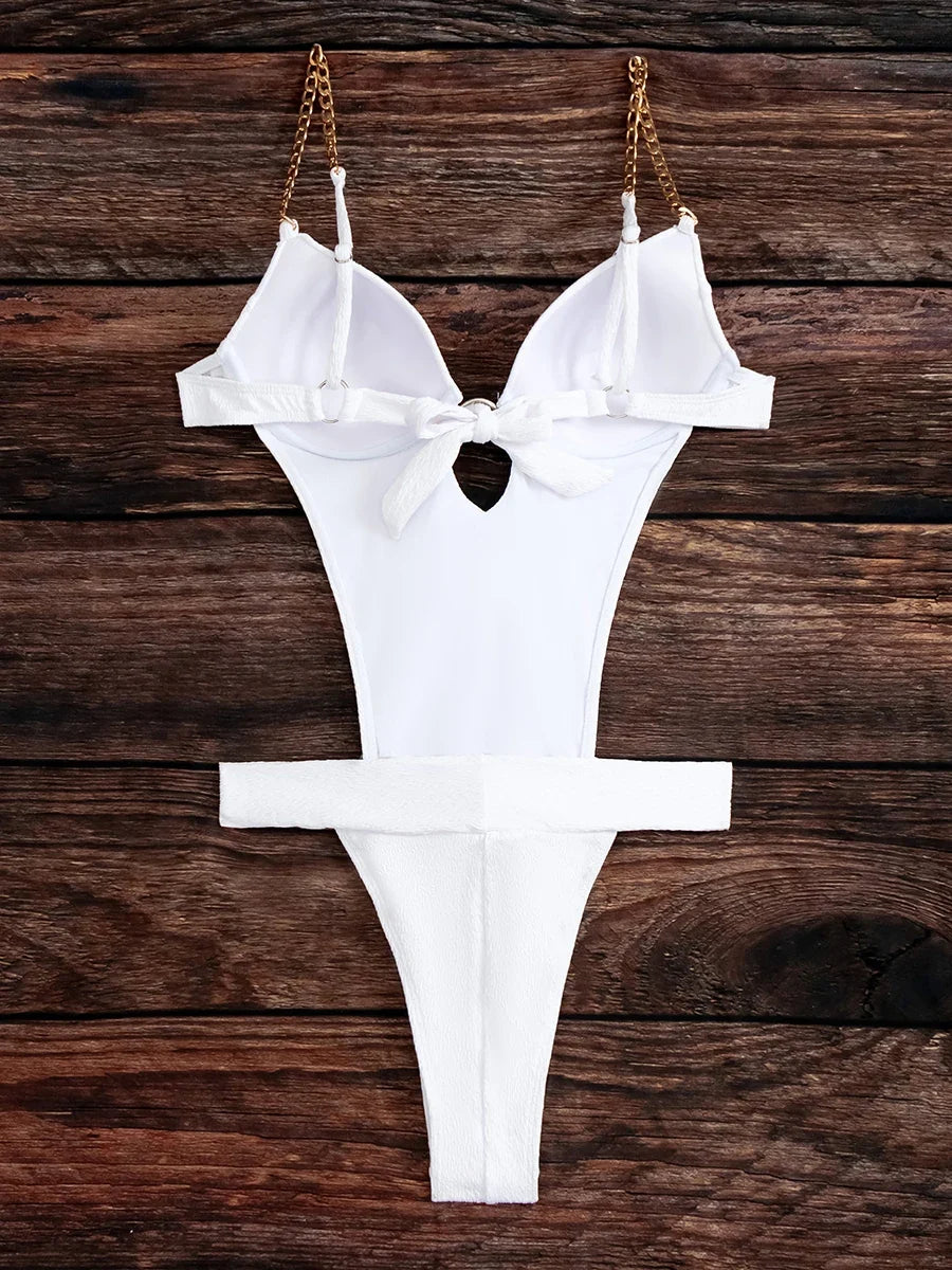 2026 Cut Out Chain Link Swimsuit One Piece Solid Monokini Swimwear Women Push Up Bathing Swimming Swim Suit Female Beach Wear