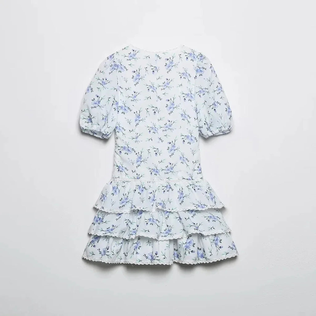 Foridol Blue Flower Print Women Tiered Mini Aummer Autumn Beach Dress Puff Sleeve Vintage Party Cotton Short Boho Lace Dress