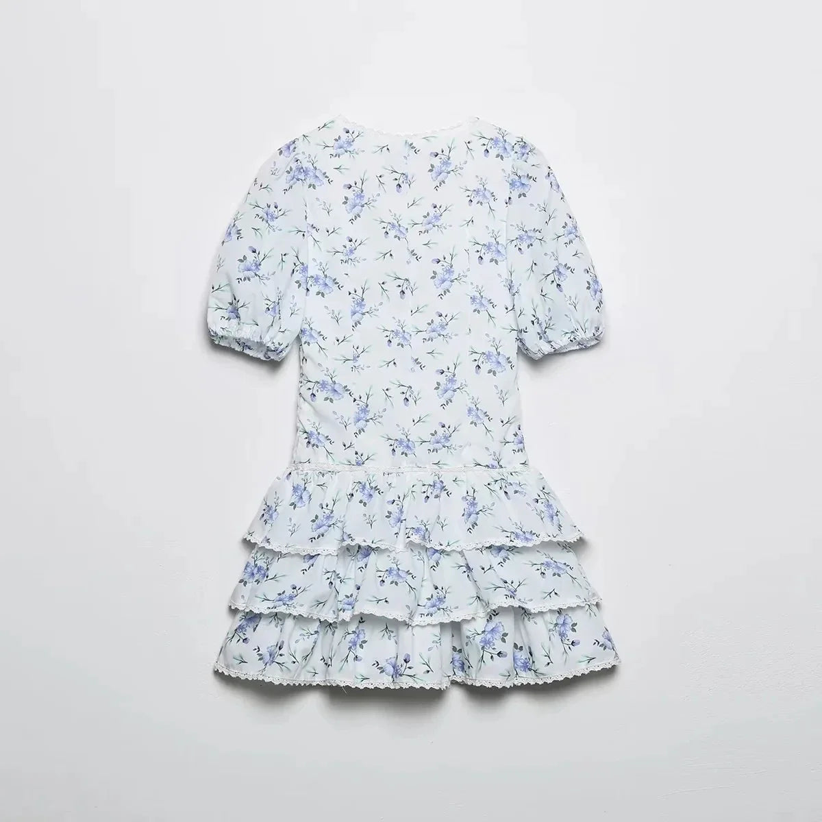 Foridol Blue Flower Print Women Tiered Mini Aummer Autumn Beach Dress Puff Sleeve Vintage Party Cotton Short Boho Lace Dress