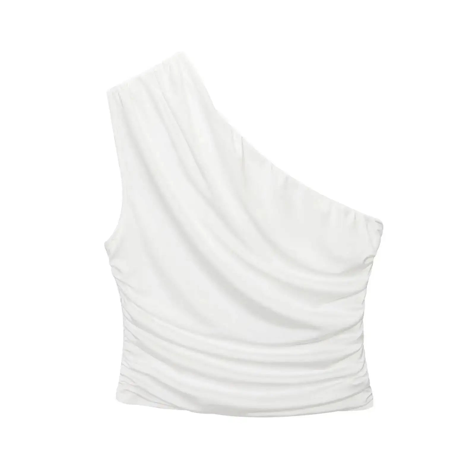 Women's One Shoulder Top Long Pants Set White Strapless Ruched Crop Top And Mesh Flare Pants Two Piece Set Out Party Outfit LNBK