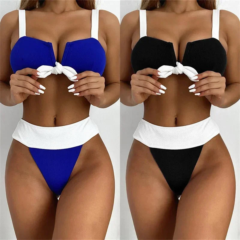 Bikini 2026 Sexy Swimwear Swimsuit Women Push Up Patchwork V-neck Bowknot Bikinis Set Bathing Suit Beach Bikini Banadores Mujer
