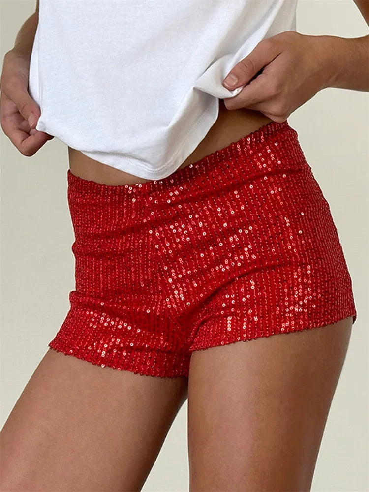 Women's Sequins Shorts Summer Low Rise Elastic Waistband Shorts Hot Streetwear