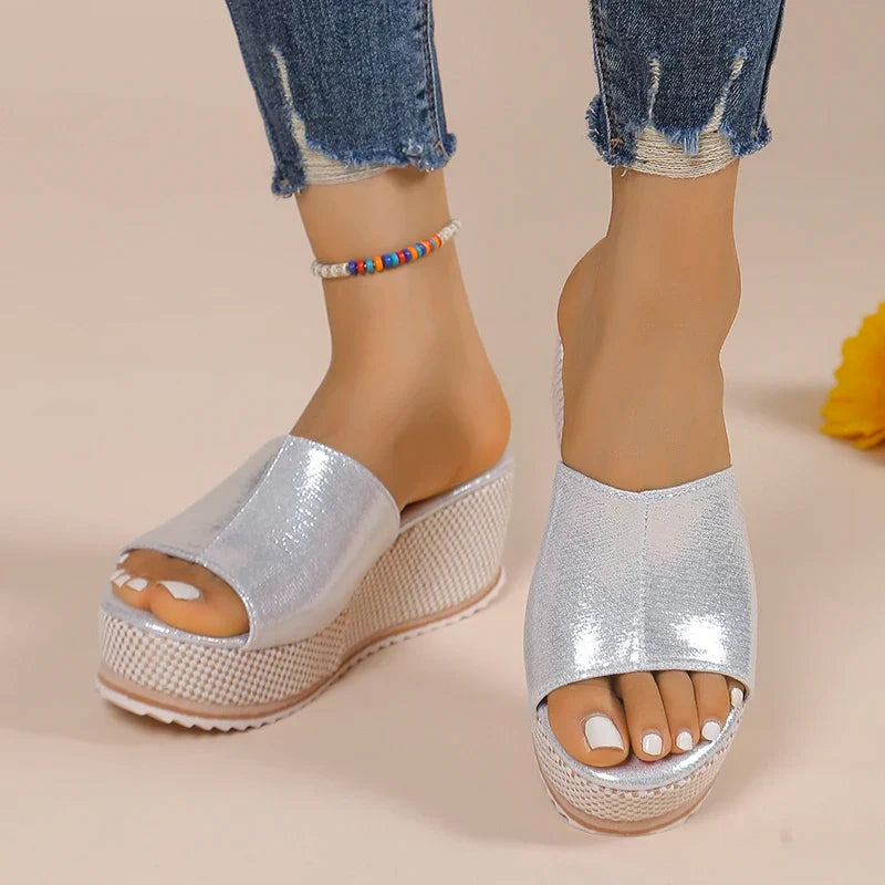 2025 Summer Chunky Platform Slippers for Women Pu Leather Wedges High Heel Sandals Woman Plus Size 36-43 Beach Sandles Female