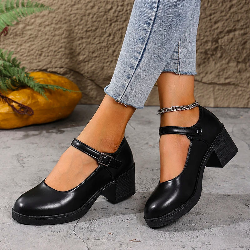 Plus Size 42 Black Thick Heels Pumps Women Classic Pu Leather Platform Mary Jane Shoes Woman Ankle Buckle Office High Heel Shoes