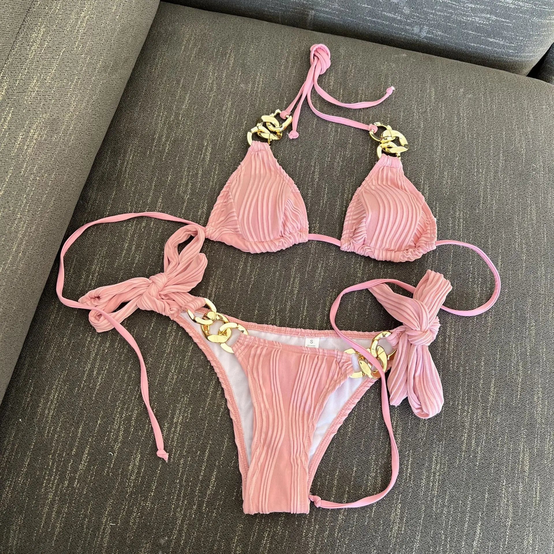 Sexy Metal Chain Thong Bikini 2025 Women White Black Cut Out Push Up Micro Swimsuit Beach Bathing Suit Tie Side Thong Swimwear
