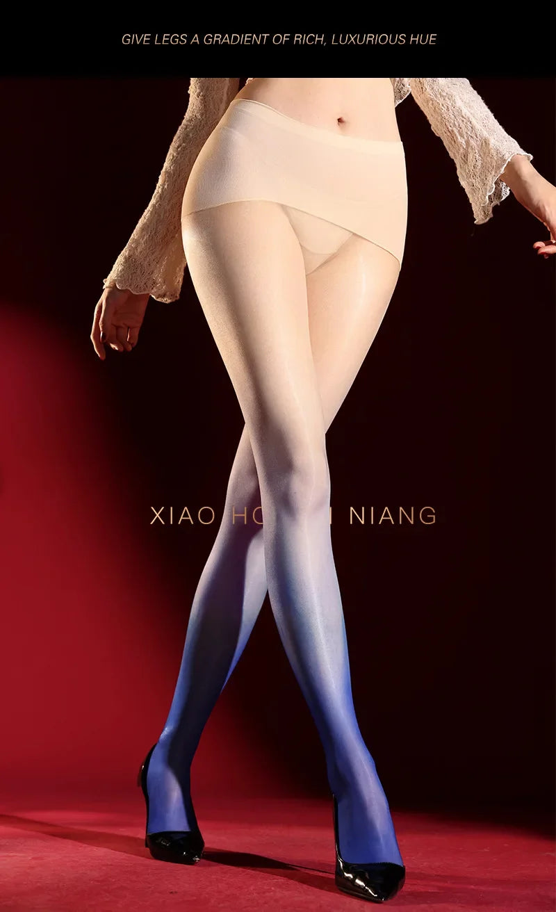 Dual-Color Aurora Pantyhose Gradient Sexy Gradient Shiny Seamless Deep Crotch Tights Black Stockings Transparent Mesh Charm 4YR1