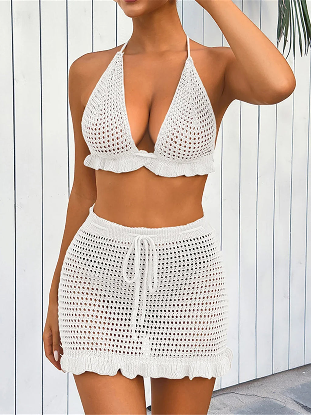 Sexy Halter Hollow Out Beach Skirt Bikini Female Swimsuit Women Swimwear Two-pieces Bikini set Bather Bathing Suit Swim K6782