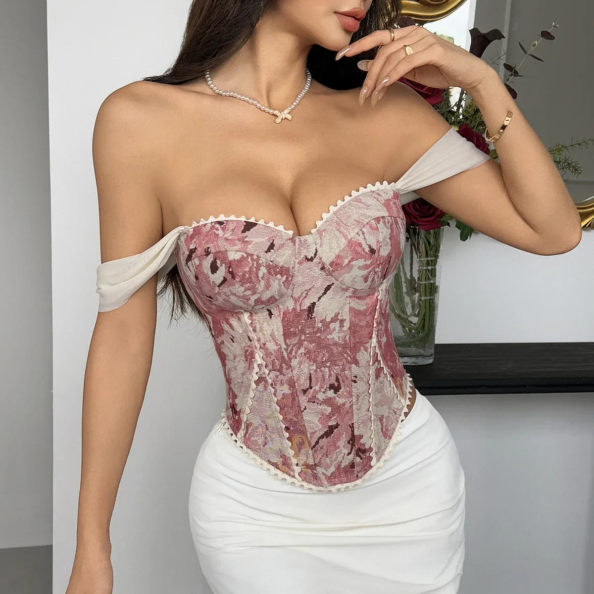 Retro Red Floral Print Corset Tank Top Sexy Back Criss Cross Bandage Bustier Lace Trim Night Club Party Slim Fishbone Camisole