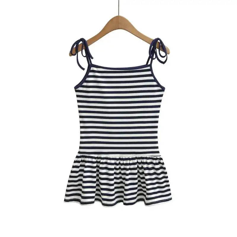 Sweet Double-shoulder Strap Striped Color-block Camisole For Women Unique Design Patchwork Pure Desire Dress Elegant Casual WIKO