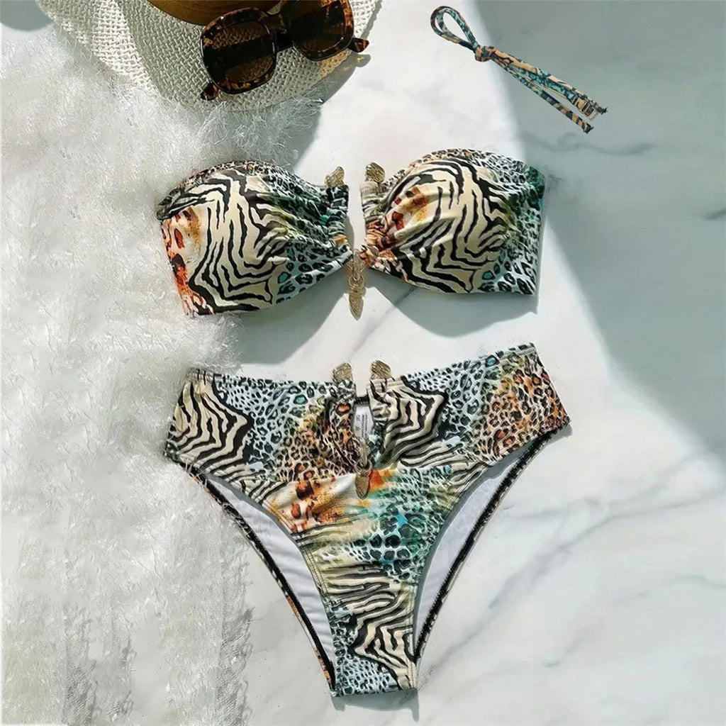 S - XL Sexy Leopard Printed Bandeau Bikini Female Swimsuit Women Swimwear Two-Pieces Bikini Set Bather Bathing Suit Swim V7541