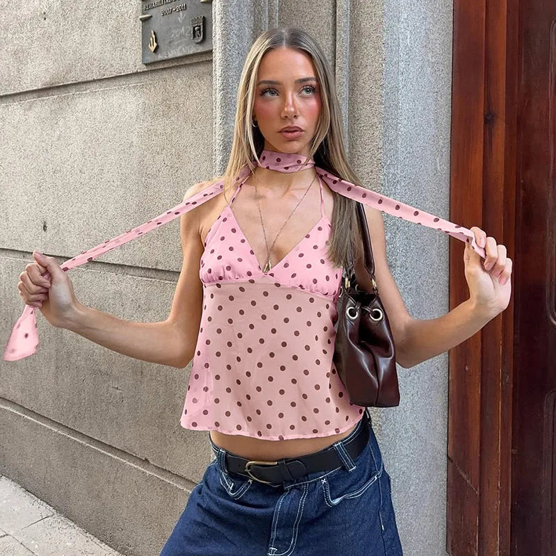 FDYOUI Y2K Bandage Polka Dot Crop Top Women 2026 Summer Sexy Halter Lace-up Camisoles Girls Chic Backless Tanks Tops Streetwear