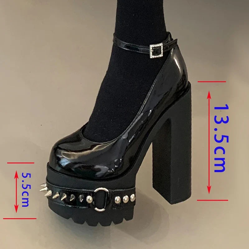 Punk Style Black Rivet Buckle High Heels Women's Trendy Gothic Sizes 36-43 Waterproof Platform Belt Buckle Thick Heel Nude Shoes
