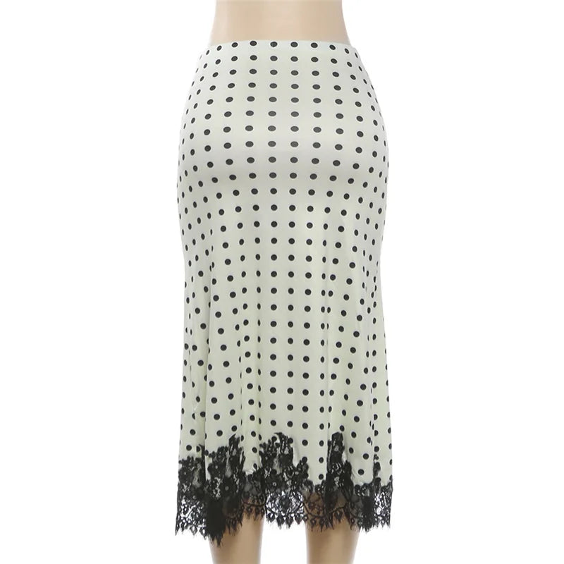 FDYOUI Elegant Polka Dot White Skirts for Women Chic Low Waist Lace Patchwork Mid-calf Skirt Office Lady Slim Dress Streetwear