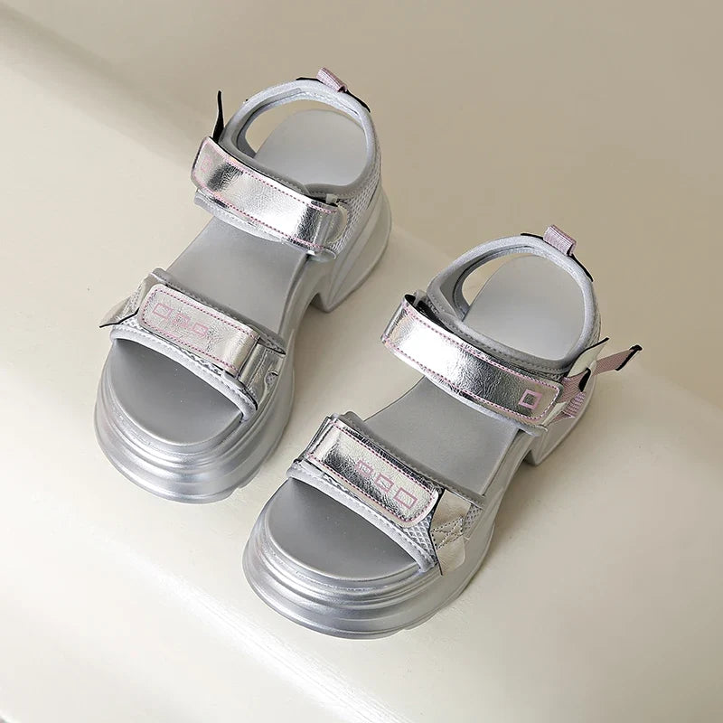 Silver Chunky Platform Sandals for Women Summer Wedge Heels Sport Sandals Woman Comfortable Thick Bottom Casual Sandles Female