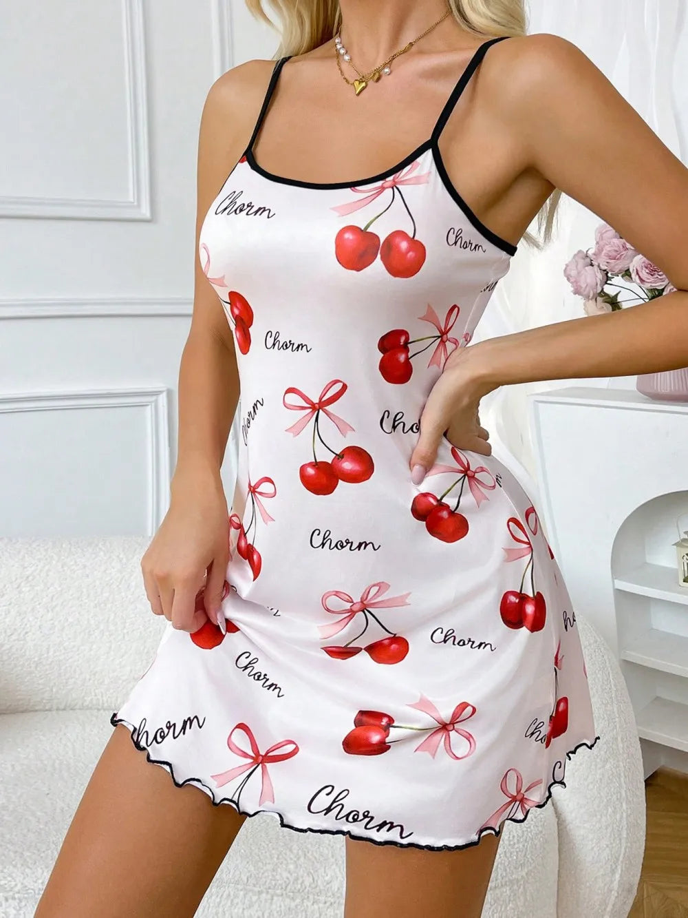 Cherry Printed Slip Nightdress Women Sleepwear Straps Sleep Mini Dress Nighties Nightgown Loungewear Valentine's Day Gift