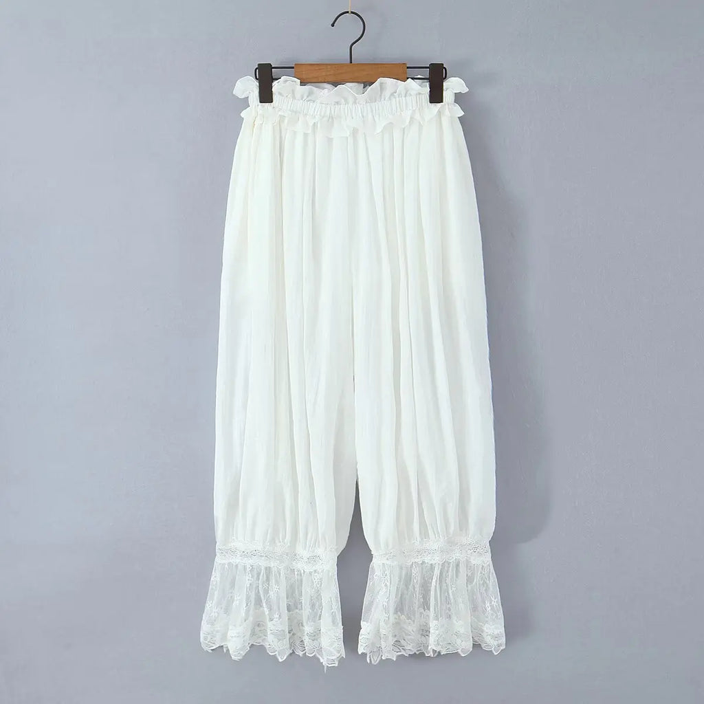 Women's Ruffled Lace Trim Loose Pants For Woman White Ruffled Embroidery Camisole Straps Button Front For Sweet Summer Look WM6E