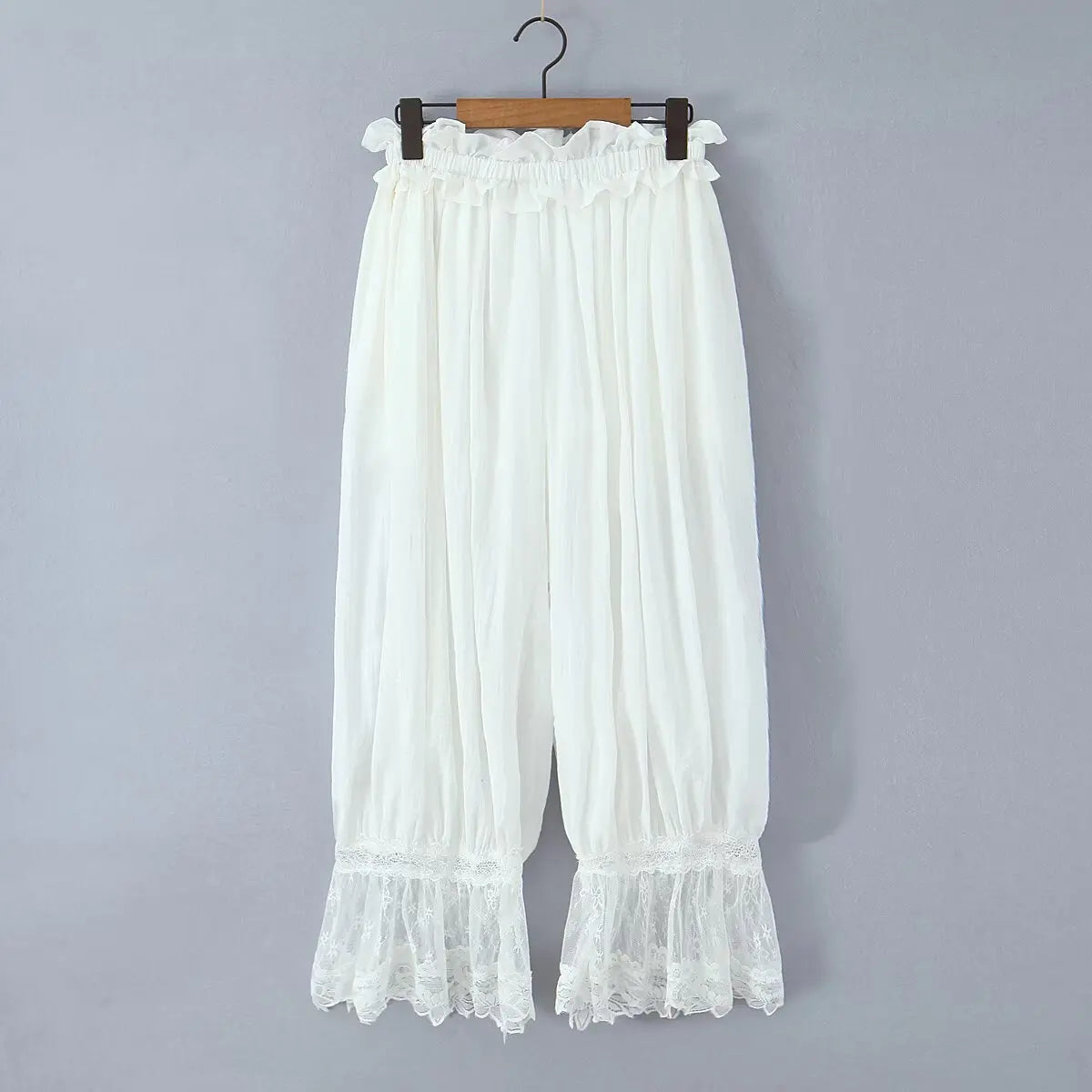 Women's Ruffled Lace Trim Loose Pants For Woman White Ruffled Embroidery Camisole Straps Button Front For Sweet Summer Look WM6E