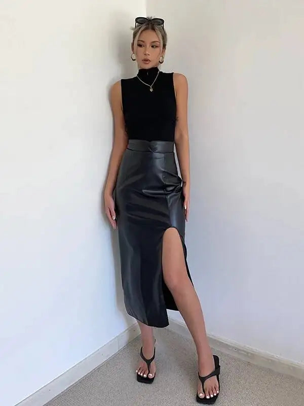 WOMENGAGA High Waist Slim Side Split PU Leather Skirt For Women Spring/Summer Irregular Split One Step Skirt Mid Length 761R
