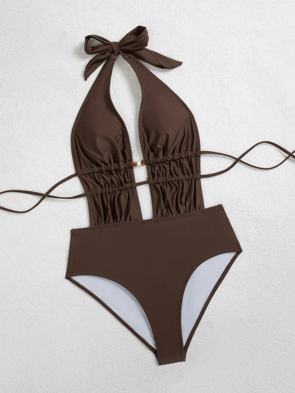 Sexy Brown Hollow Out Backless Swimwear Women 2026 Pearls Pleate Bandage One Piece Swimsuit Beach Bathing Suit Holiday Bikini