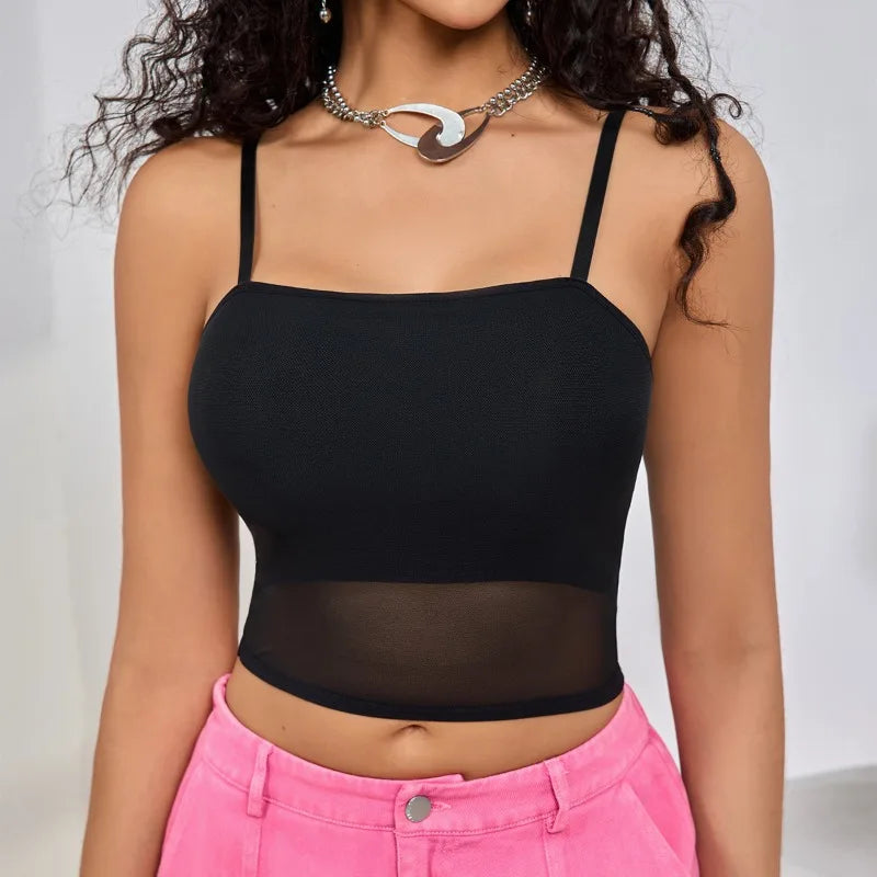1pcs Mesh Corset Crop Top Women's Patchwork Tube Top Sexy Sleeveless Off Shoulder Cami Summer Streetwear Slim Camisole Tank Tops