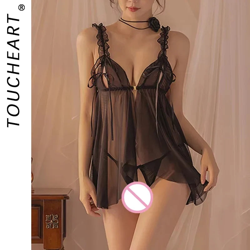Toucheart Sexy Suspender Nightgown Woman Transparent Lingerie Sex Crotchless Backless Open Bra Body Dress Mesh Erotic Costumes