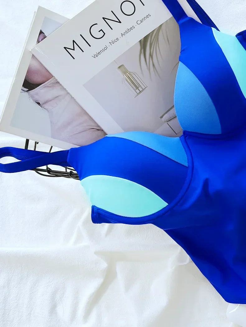 2026 Sexy One Piece Swimsuit Swimwear Women Push Up Blue Patchwork One-piece Bathing Suit Beachwear New Costumi Da Bagno Donna