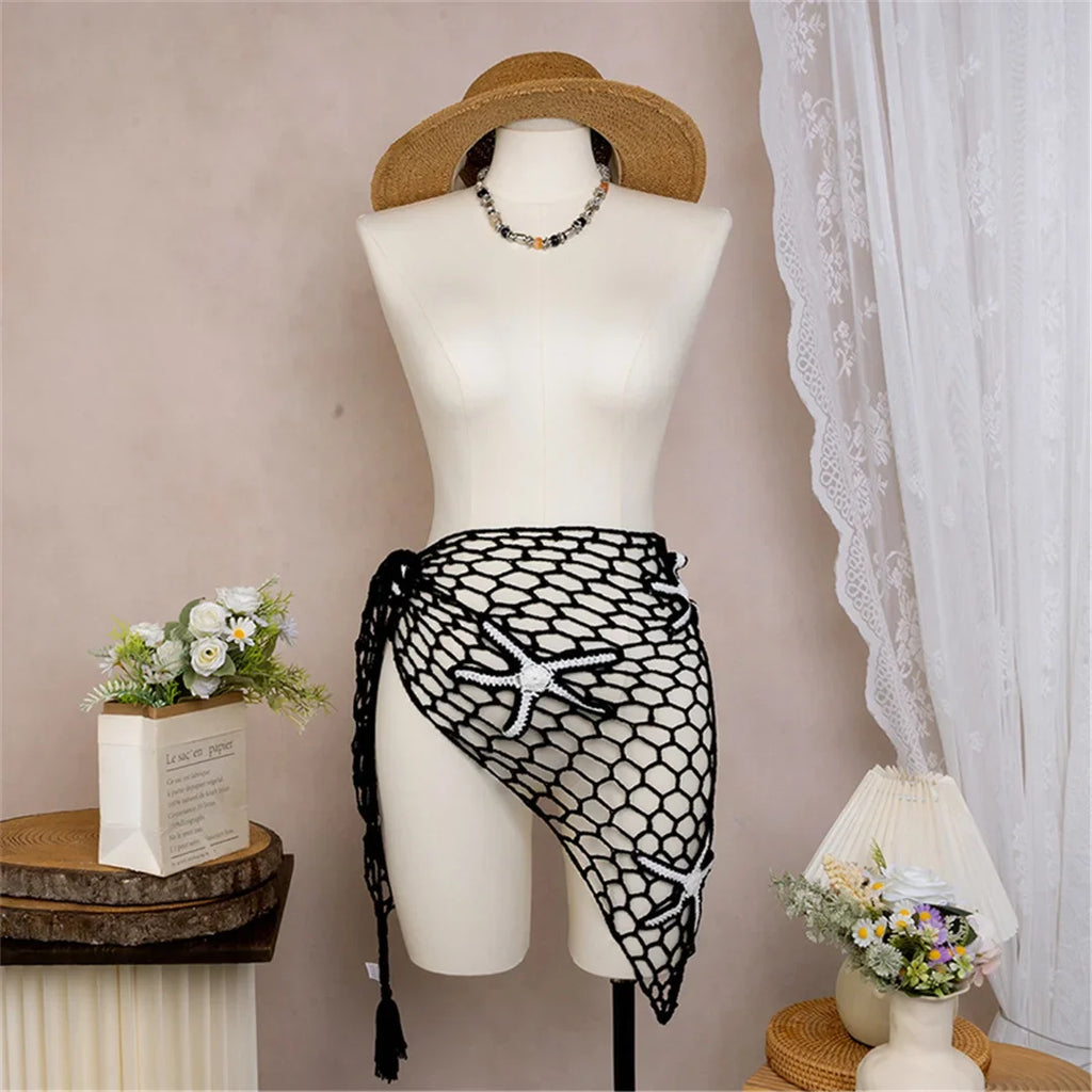 New 3D Star Hollow Out Crochet Knitted Sarong Pareo Beach Dress Beach Wear Beachwear Beach Cover Up Cover-upsFemale Women V7309