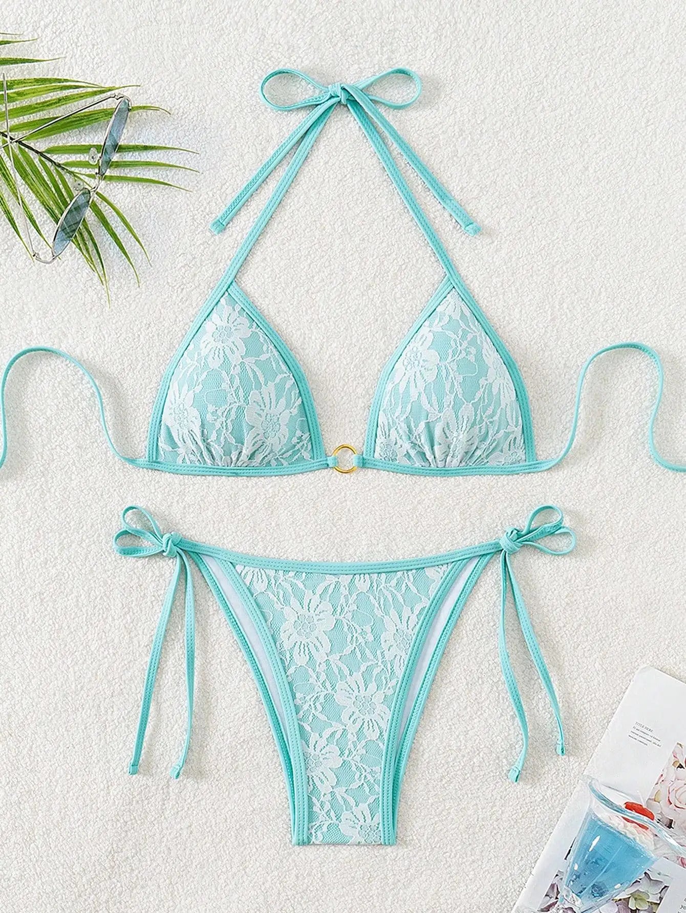 Embroidery Mesh Lace Halter High Cut Bikini Female Swimsuit Women Swimwear Two-pieces Bikini Set Bather Bathing Suit Swim Beach