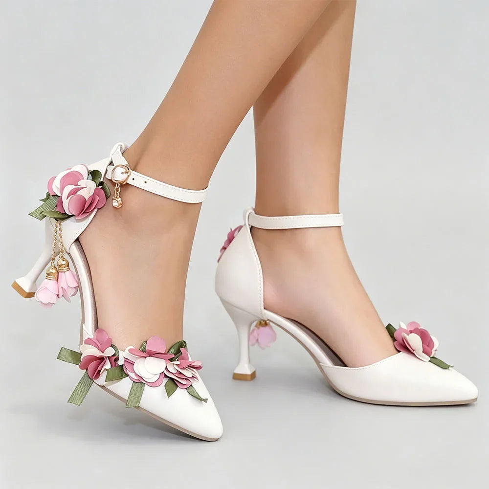 Small Big Size 32-46 Women's Elegant Pink Flowers High Heels Sandals Summer Sexy Pointy Toe Party White Wedding Sandals Shoes